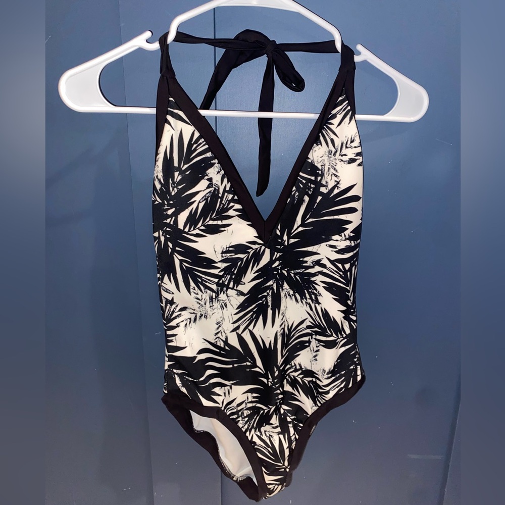 Sole East Capri Halter One-Piece White‎ and Black Palm Swimsuit